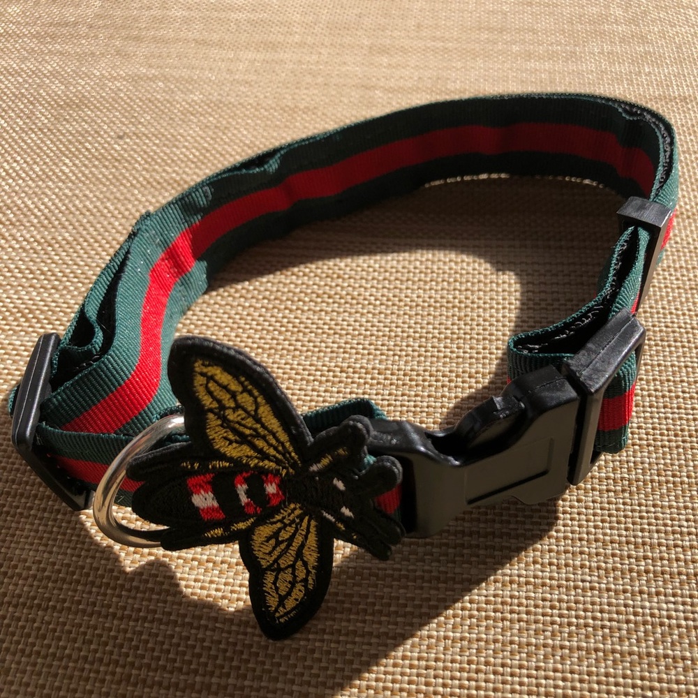 Luxury bee striped ribbon collar medium Pet dog cat bug embroidered gift xmas - Picture 3 of 6